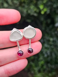 Image 3 of White Cornish Seaglass & Garnet Gemstone Stud Earrings 