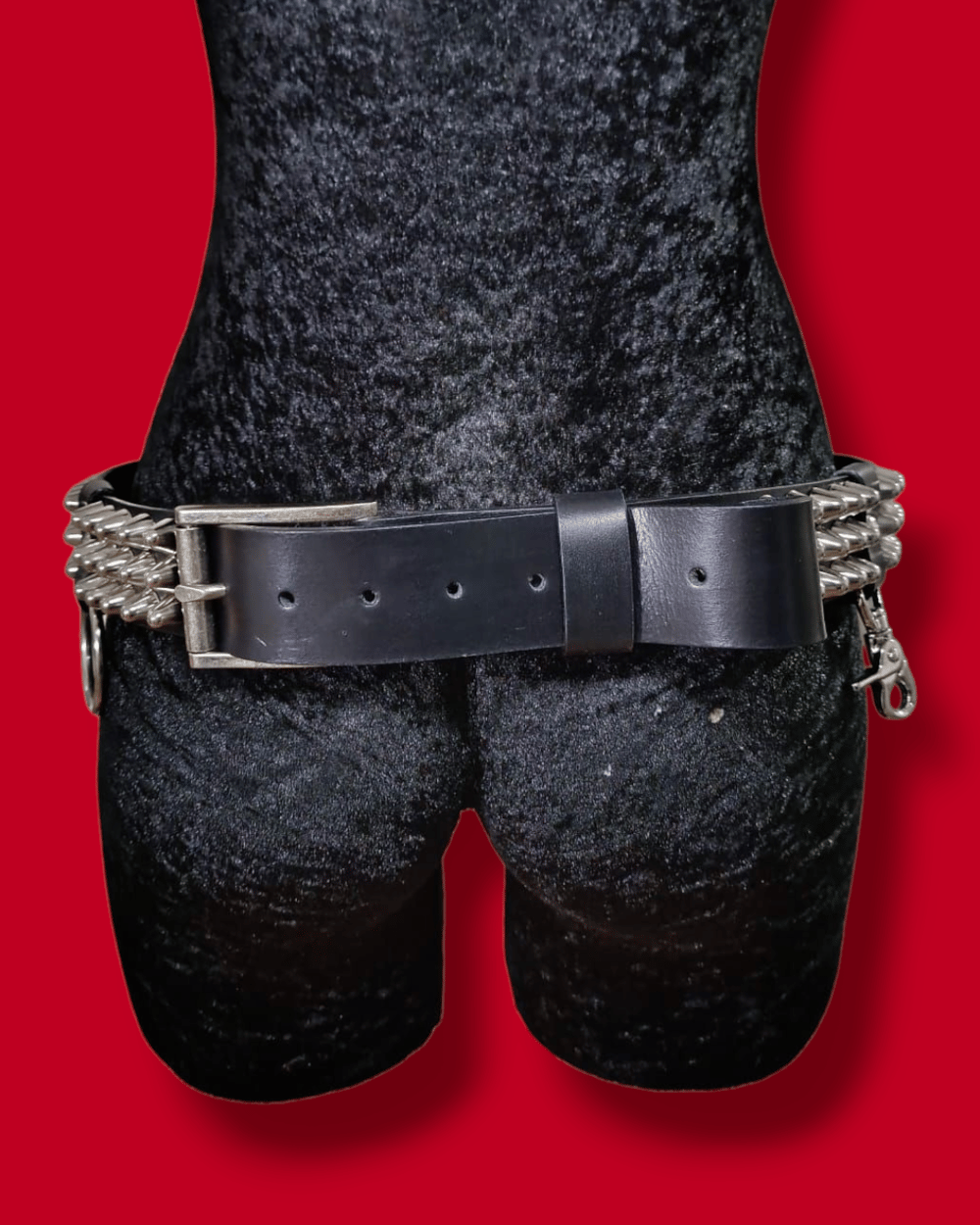 Black Leather Belt with three row tall Silver Cone Studs 