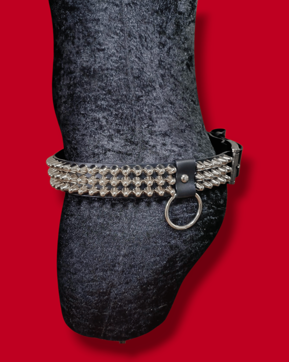 Black Leather Belt with three row tall Silver Cone Studs 
