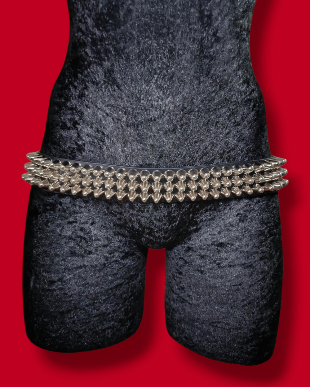 Black Leather Belt with three row tall Silver Cone Studs 