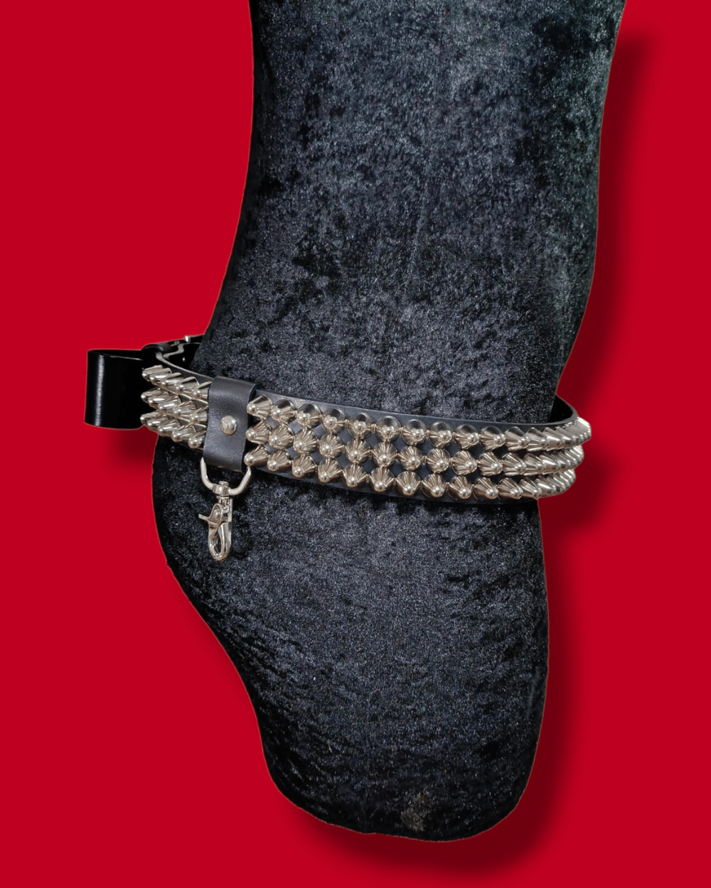 Black Leather Belt with three row tall Silver Cone Studs 