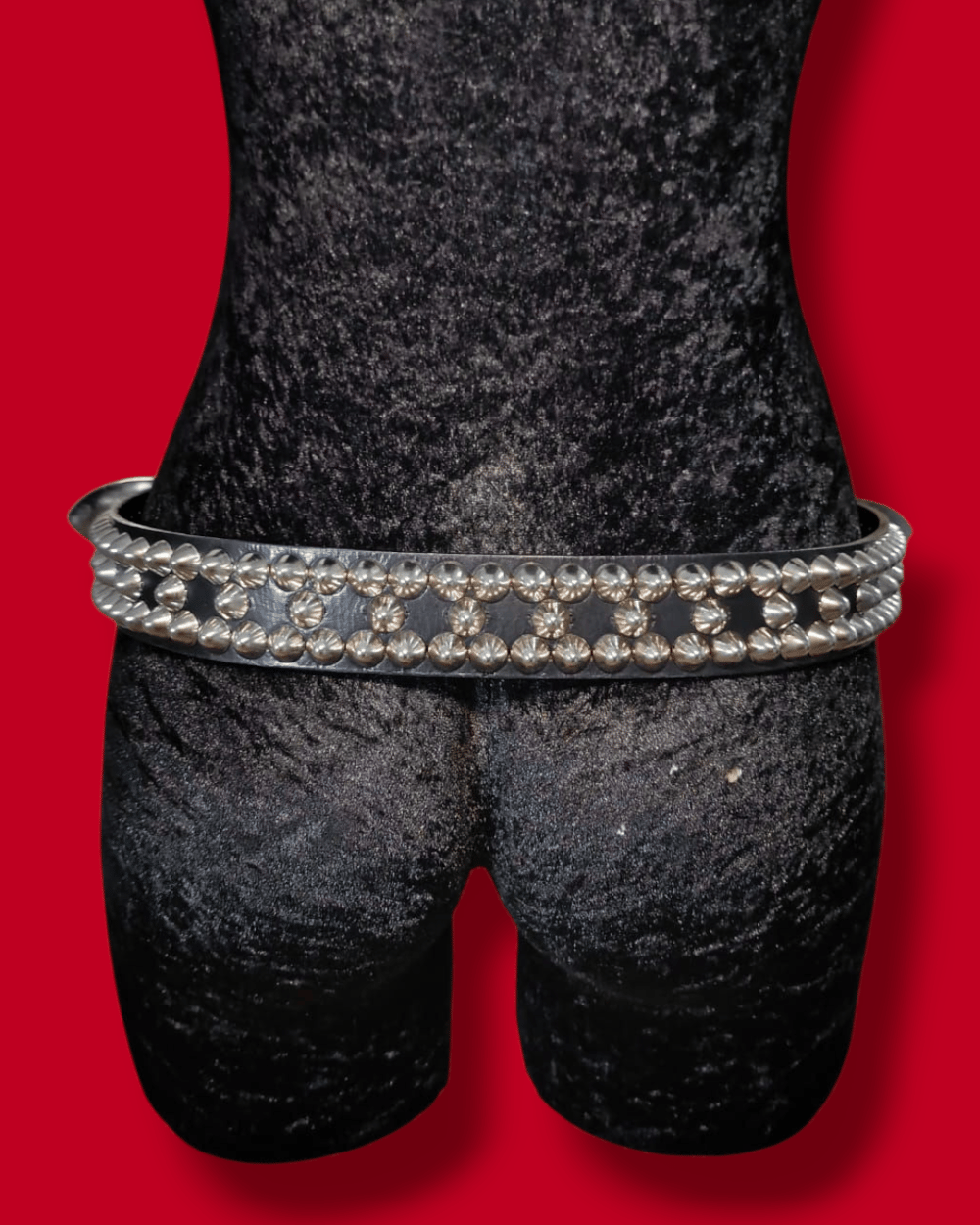 Leather Belt with Double Buckle and Silver Standard Cones Studs