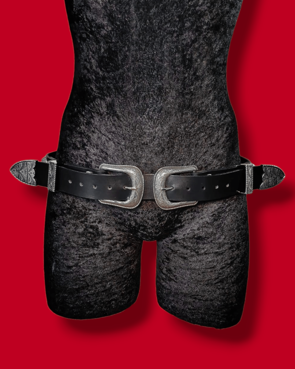 Leather Belt with Double Buckle and Silver Standard Cones Studs
