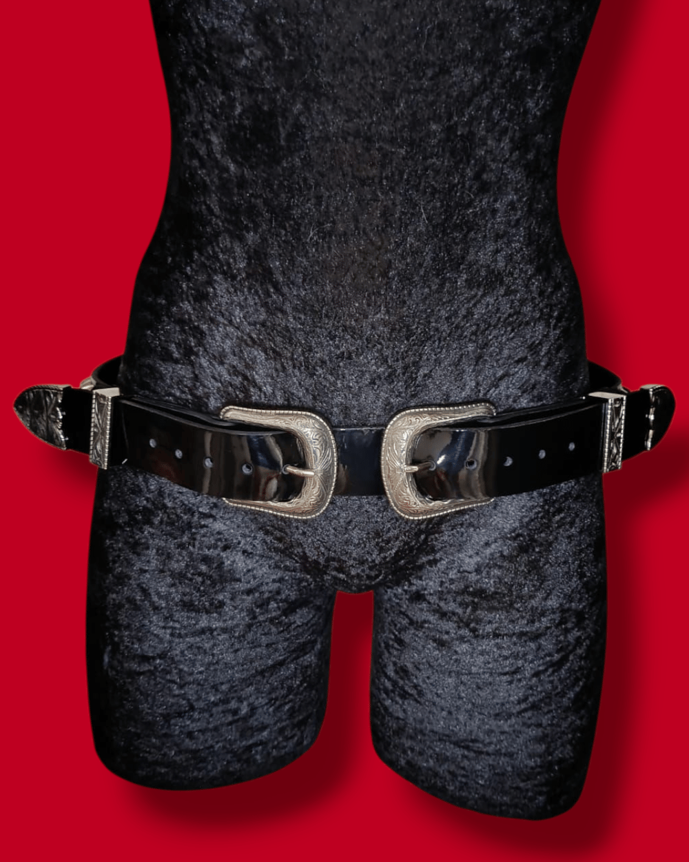 Leather Belt with Double Buckle and Silver Standard Cones Studs