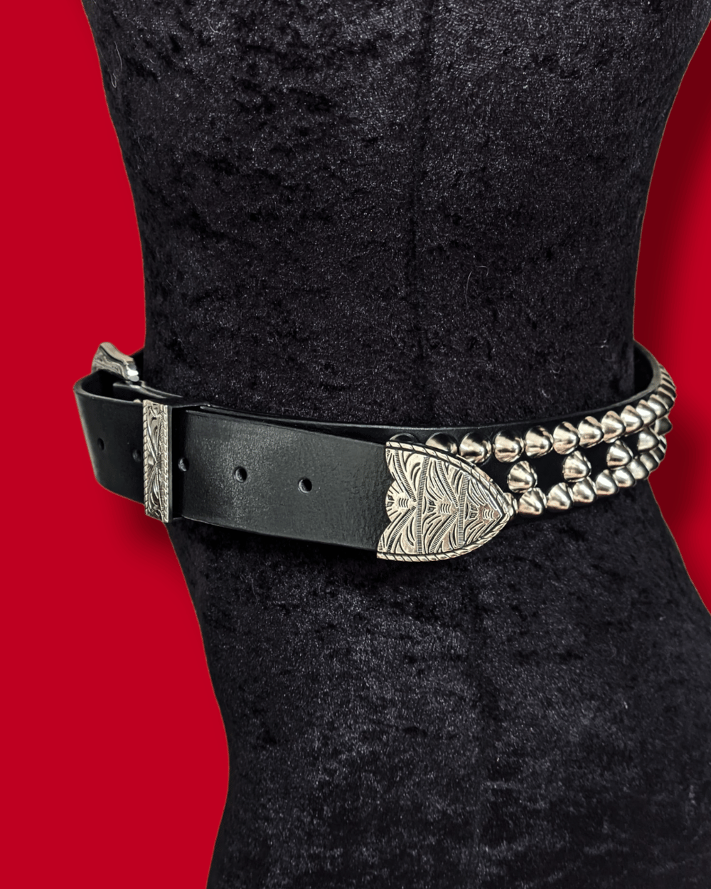 Leather Belt with Western Buckle and Silver Standard Cones Studs