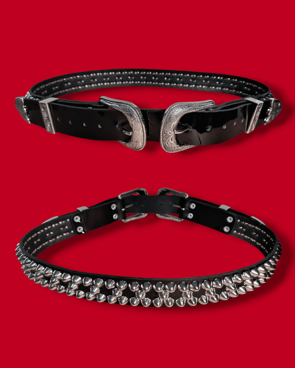 Leather Belt with Double Buckle and Silver Standard Cones Studs