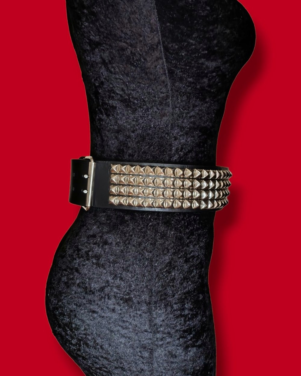 Black Leather Belt with four row Standard Silver Pyramid Studs