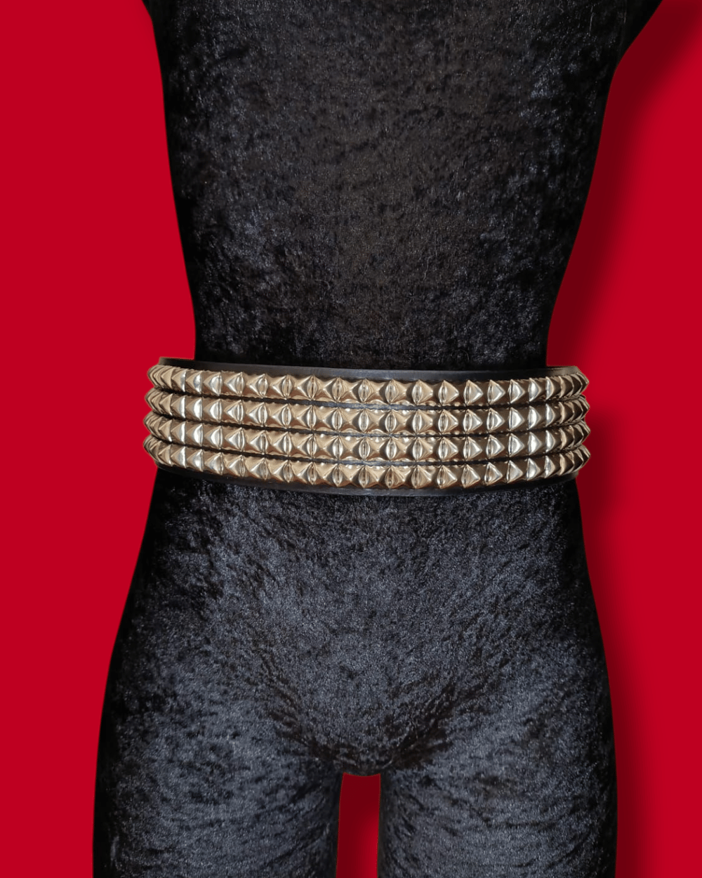 Black Leather Belt with four row Standard Silver Pyramid Studs