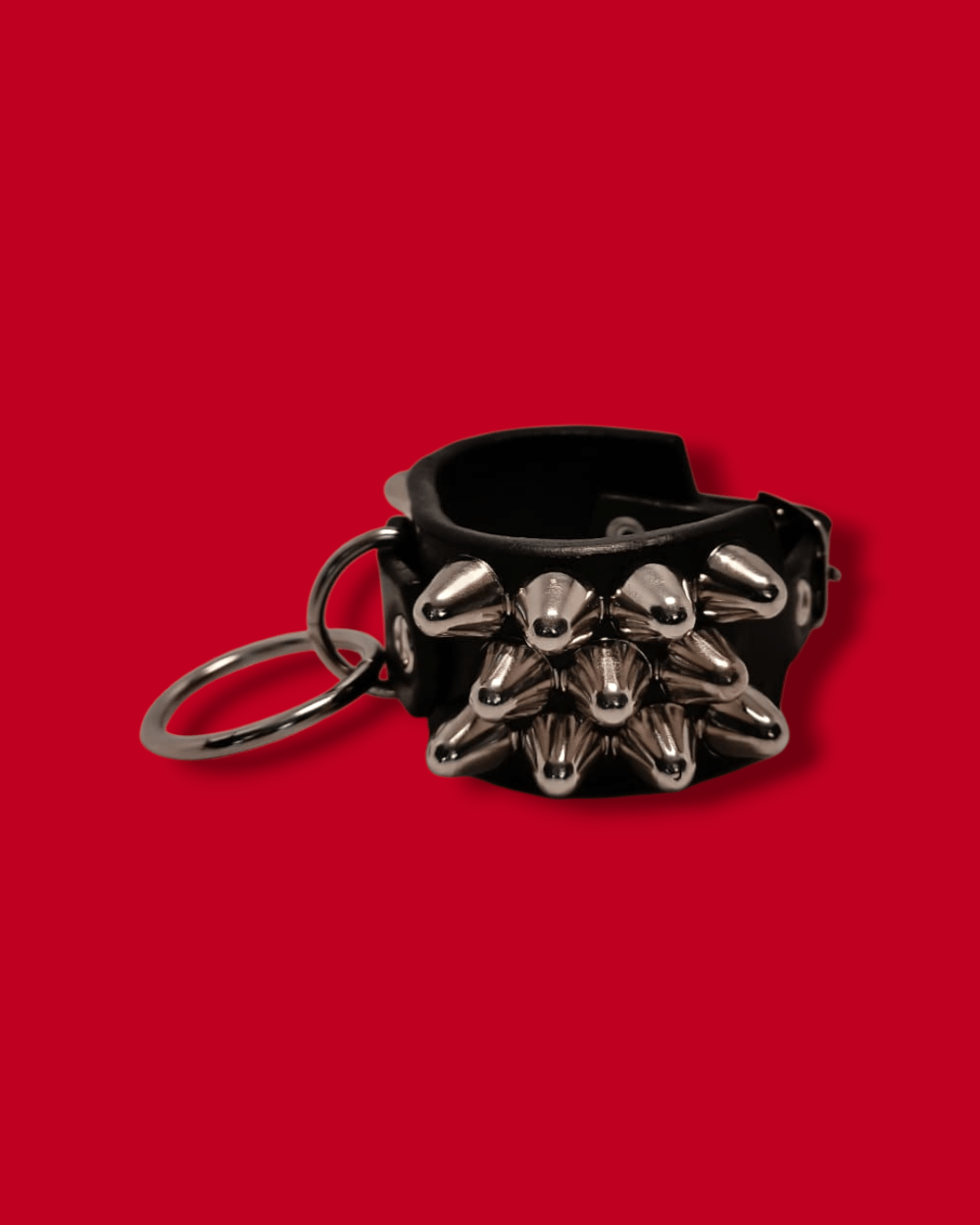 Leather Cuff of Three Row of Tall Cones Studs and Ring