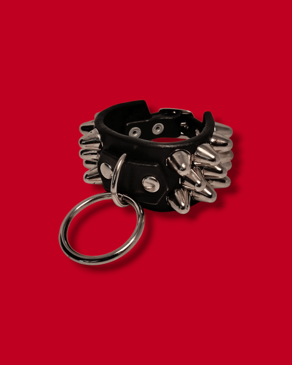 Leather Cuff of Three Row of Tall Cones Studs and Ring