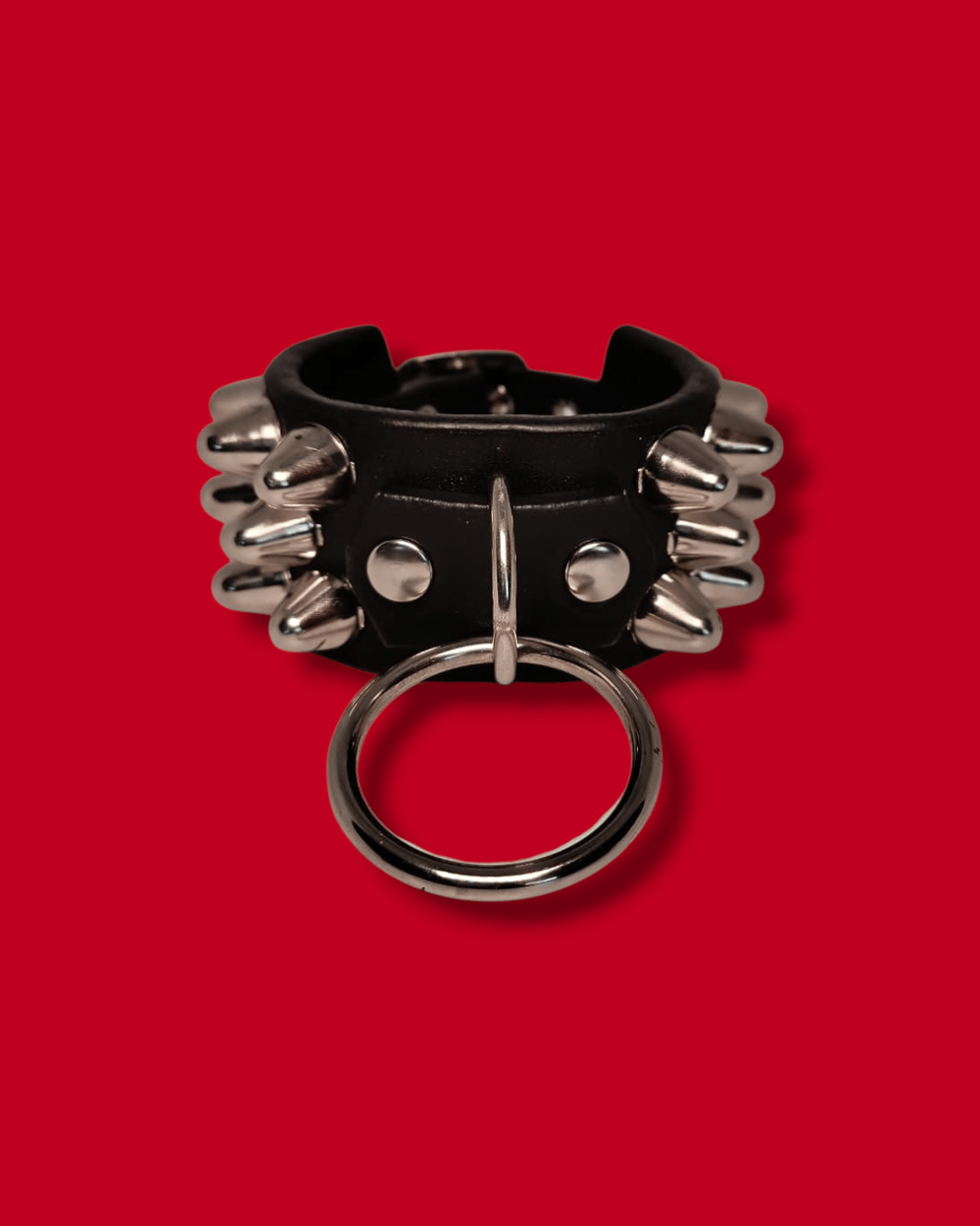 Leather Cuff of Three Row of Tall Cones Studs and Ring