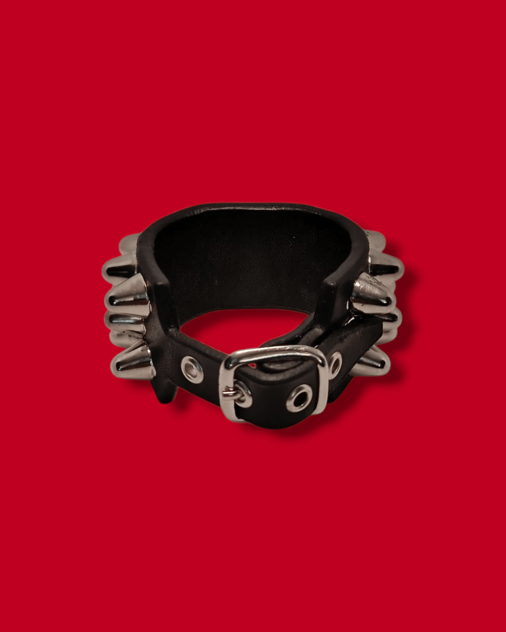 Leather Cuff of Three Row of Tall Cones Studs and Ring