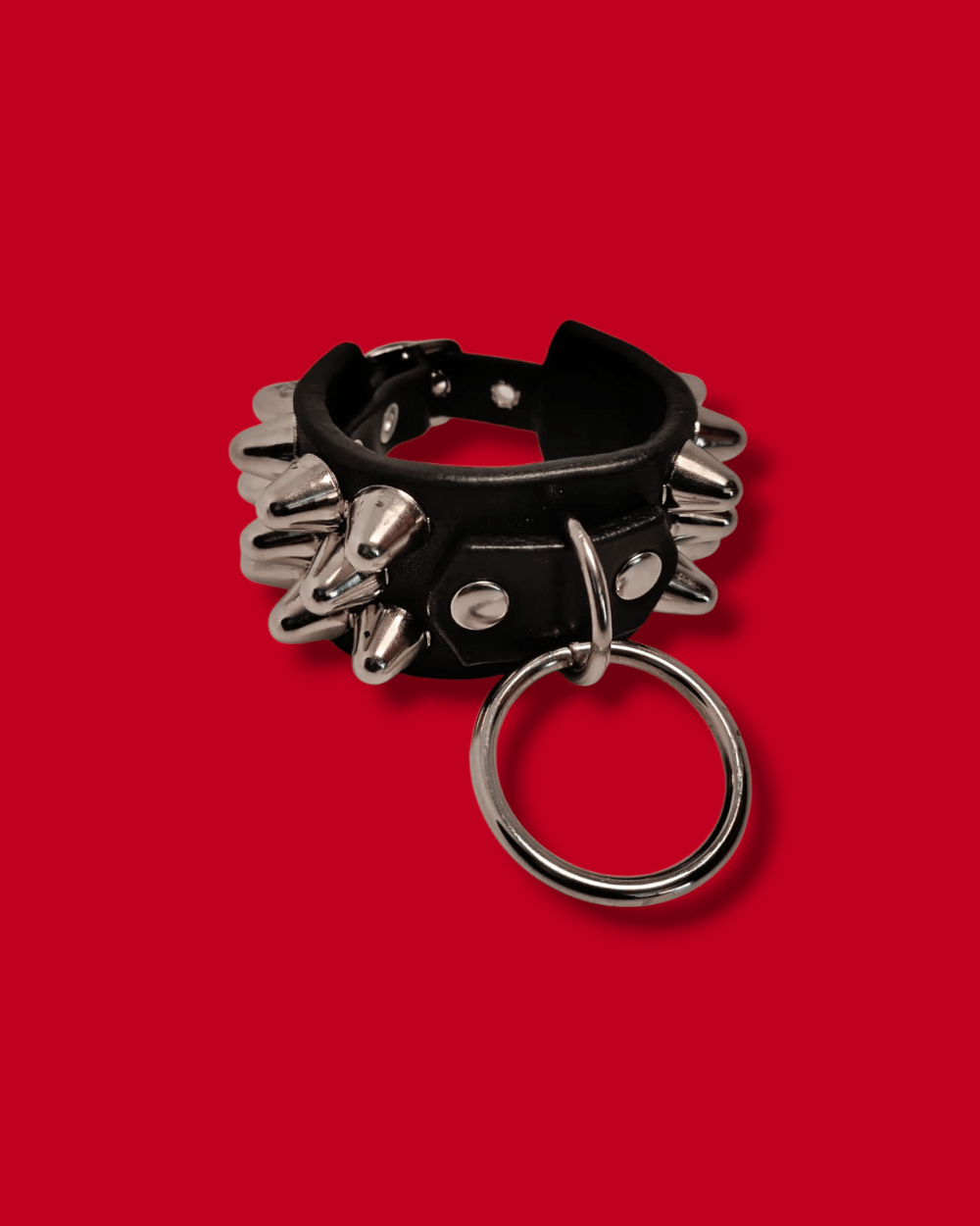 Leather Cuff of Three Row of Tall Cones Studs and Ring