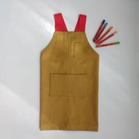 Image 9 of Ochre Denim Apron with Red Crossback Straps. Adult and Child Sizes No7