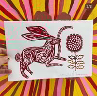 Image 1 of Red Handmade Prints / hares and robins 