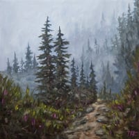 <h2>Foggy Morning Mountain Ascent </h2> <br />Original Artwork <br />12 x 12 <br />Oil on Canvas