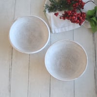 Image 3 of Pair of Handcrafted White Speckled Pottery Bowls in Modern White Glaze, Made in USA