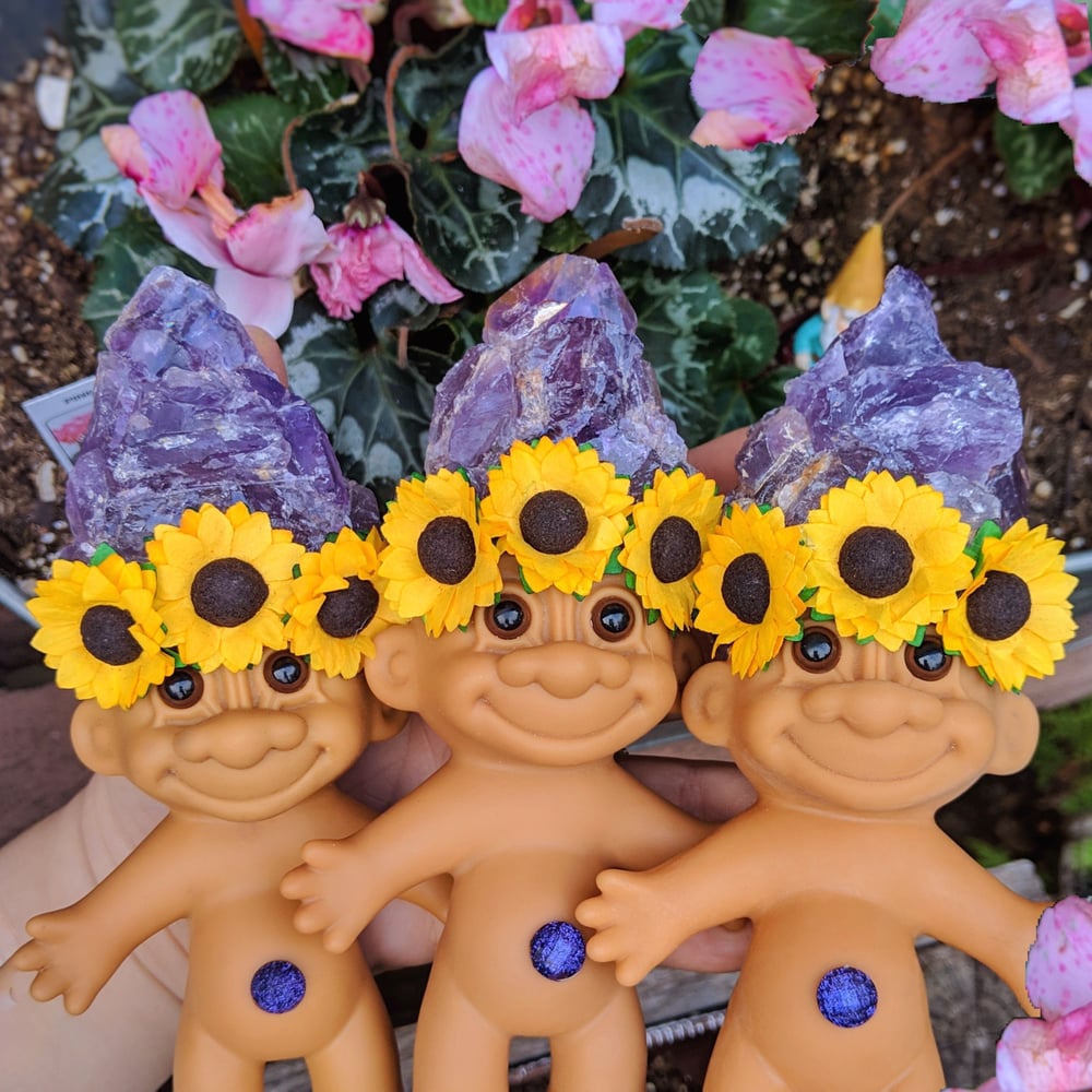 MADE TO ORDER: Amethyst Troll with Sunflower Crown 6"