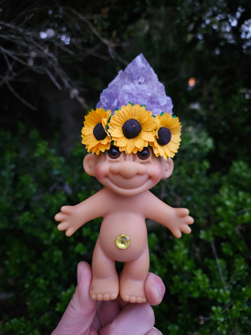 MADE TO ORDER: Amethyst Troll with Sunflower Crown 6"