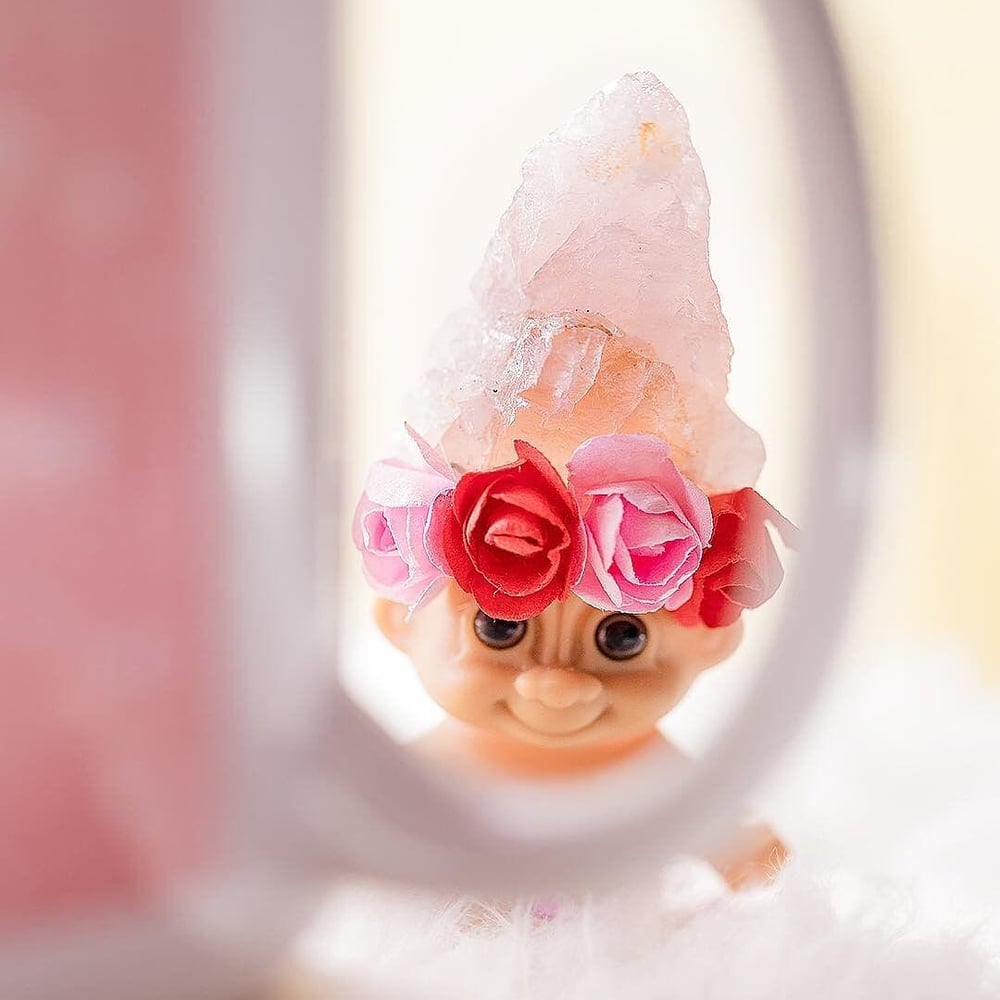 MADE TO ORDER: Rose Quartz Troll with Flower Crown 4"