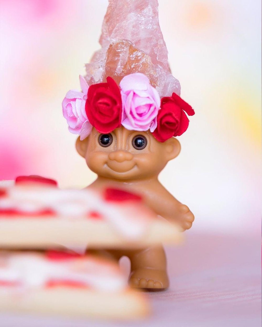MADE TO ORDER: Rose Quartz Troll with Flower Crown 4"