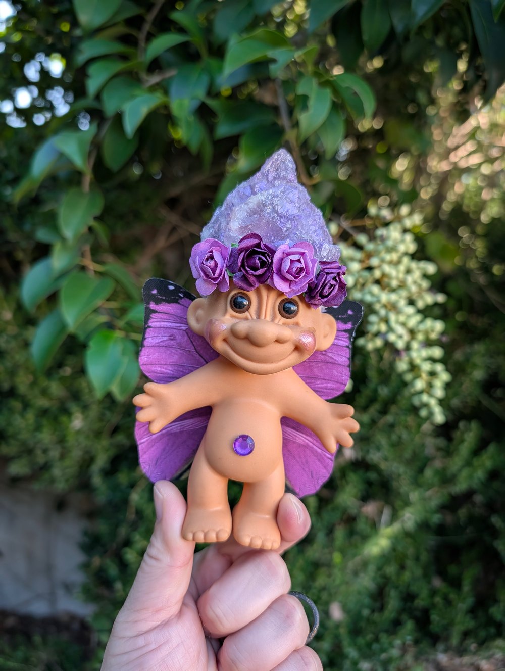 MADE TO ORDER: Amethyst Butterfly Troll with Purple Flower Crown 6"