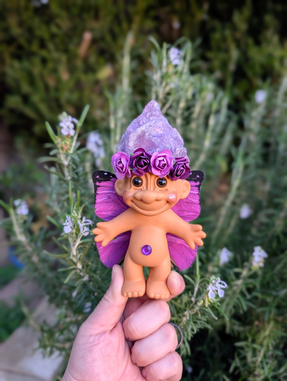 MADE TO ORDER: Amethyst Butterfly Troll with Purple Flower Crown 6"