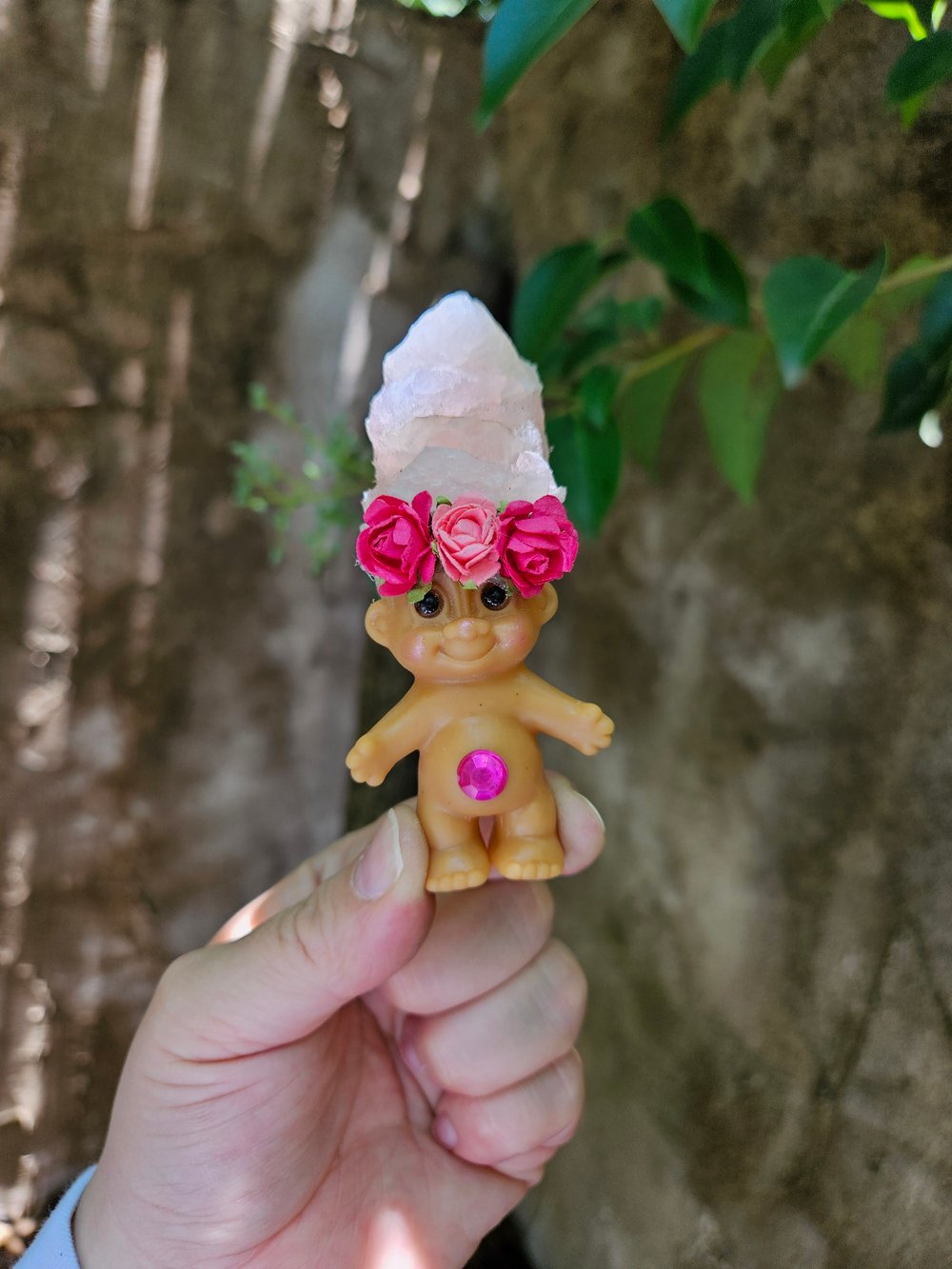 MADE TO ORDER: Rose Quartz Troll with Flower Crown 4"