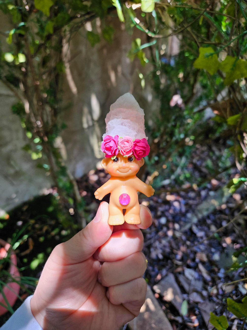 MADE TO ORDER: Rose Quartz Troll with Flower Crown 4"