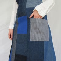 Image 3 of One-of-A-Kind Denim Patchwork Apron with Red Ties. Boro Collection 16:7:1