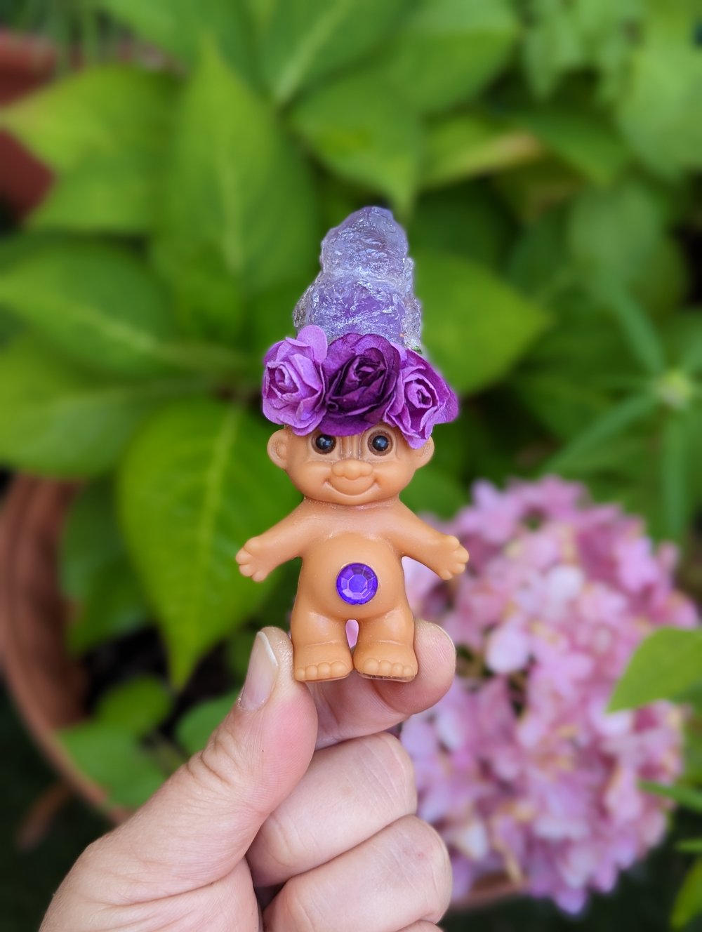 MADE TO ORDER: Amethyst Troll with Purple Flower Crown 4"