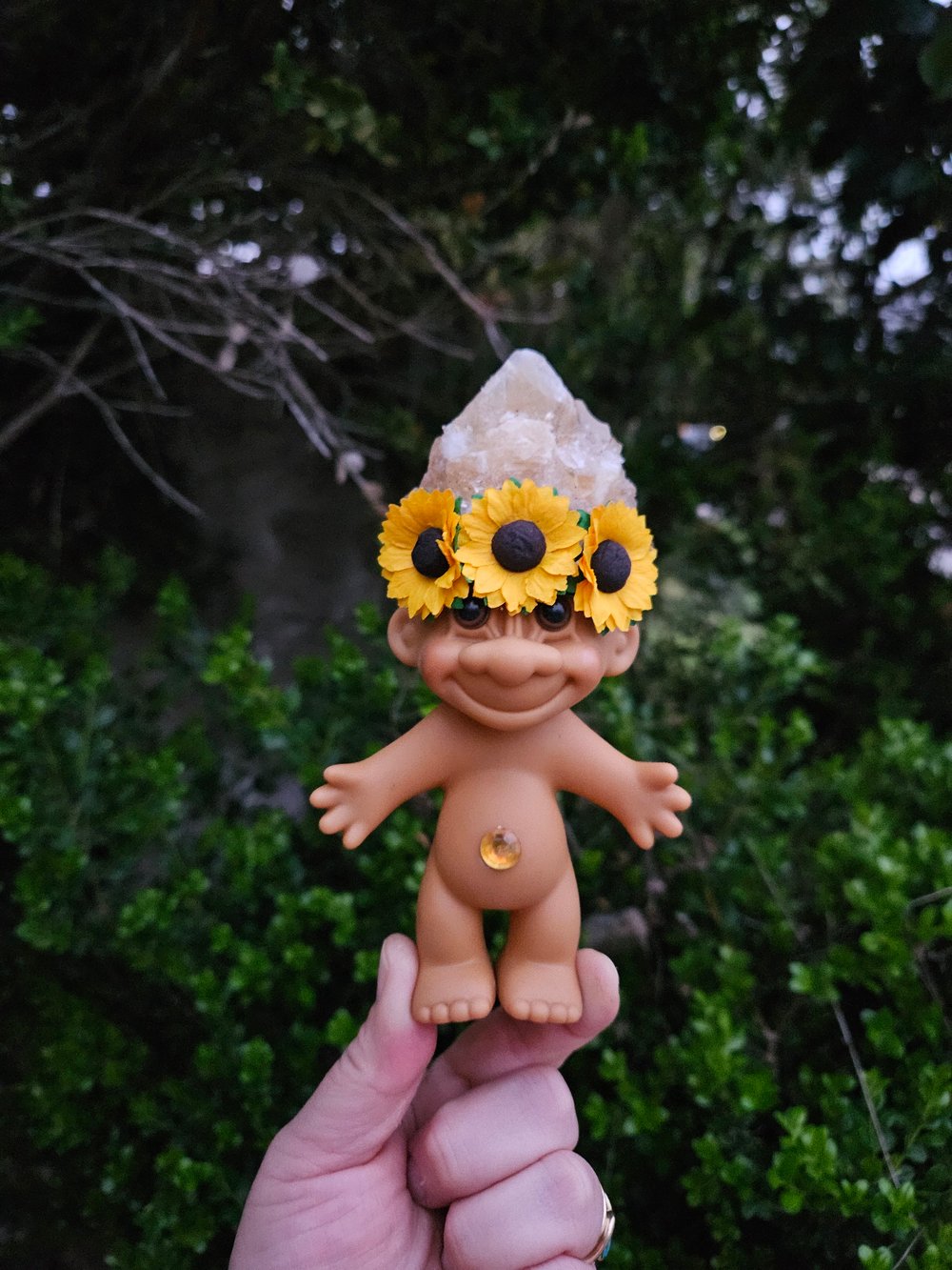 MADE TO ORDER: Citrine Golden Amethyst Troll with Sunflower Crown Adult 6"