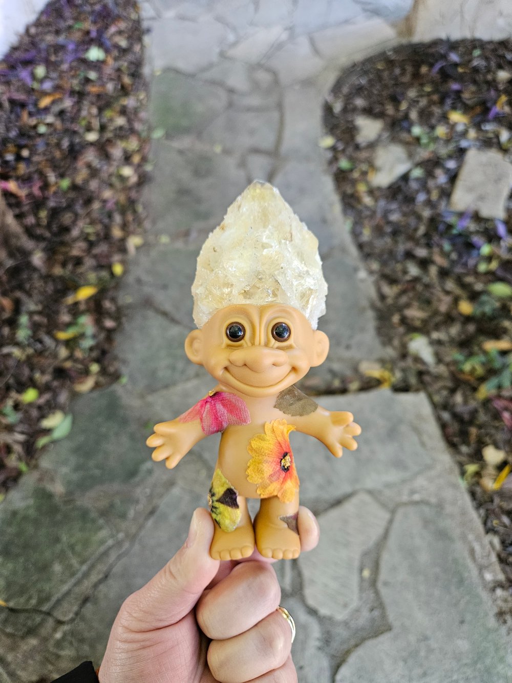 MADE TO ORDER: Pressed Flower Troll with Citrine Golden Amethyst Troll 6"