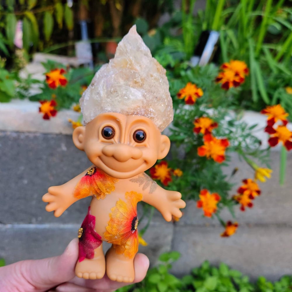 MADE TO ORDER: Pressed Flower Troll with Citrine Golden Amethyst Troll 6"