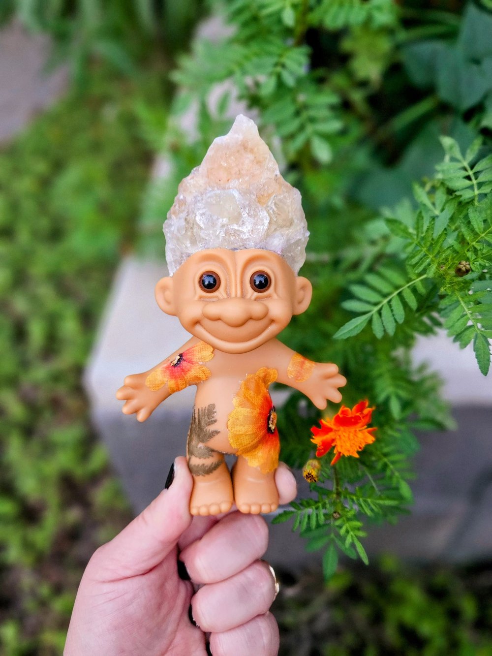 MADE TO ORDER: Pressed Flower Troll with Citrine Golden Amethyst Troll 6"