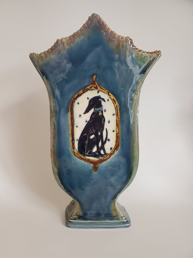 Black Hound on a Fancy Vase