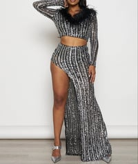 Image 1 of Sequin  Feathered Crop & Skirt Set