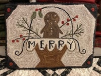 Image 1 of Merry Gingerbread Man Basket Primitive Punch Needle Decorative Folk Art Mat/Mini Rug~~