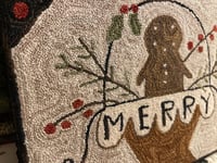 Image 3 of Merry Gingerbread Man Basket Primitive Punch Needle Decorative Folk Art Mat/Mini Rug~~
