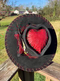 Image 1 of “She’s a Queen” Heart Shaped Burned Hat with Red Whipstitched Tooled Leather