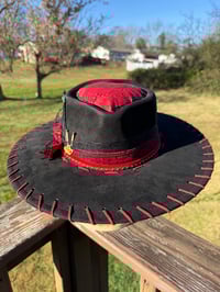 Image 2 of “She’s a Queen” Heart Shaped Burned Hat with Red Whipstitched Tooled Leather