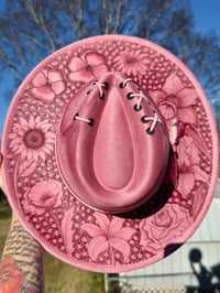 Image 1 of “Etched in Floral” Rosewood Pink Burned Hat, High Quality Suede Burned Flat Brim Hat