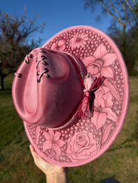 Image 2 of “Etched in Floral” Rosewood Pink Burned Hat, High Quality Suede Burned Flat Brim Hat