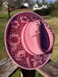 Image 3 of “Etched in Floral” Rosewood Pink Burned Hat, High Quality Suede Burned Flat Brim Hat