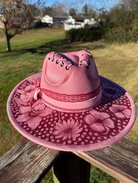 Image 4 of “Etched in Floral” Rosewood Pink Burned Hat, High Quality Suede Burned Flat Brim Hat