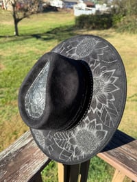 Image 1 of "Black Beauty" Black Tooled Leather, Hand Stitched, Hand Burned Sunflowers Suede Hat