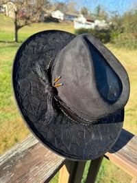 Image 2 of "Black Beauty" Black Tooled Leather, Hand Stitched, Hand Burned Sunflowers Suede Hat