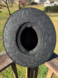 Image 3 of "Black Beauty" Black Tooled Leather, Hand Stitched, Hand Burned Sunflowers Suede Hat
