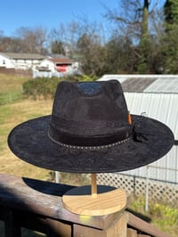 Image 4 of "Black Beauty" Black Tooled Leather, Hand Stitched, Hand Burned Sunflowers Suede Hat