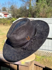 Image 5 of "Black Beauty" Black Tooled Leather, Hand Stitched, Hand Burned Sunflowers Suede Hat